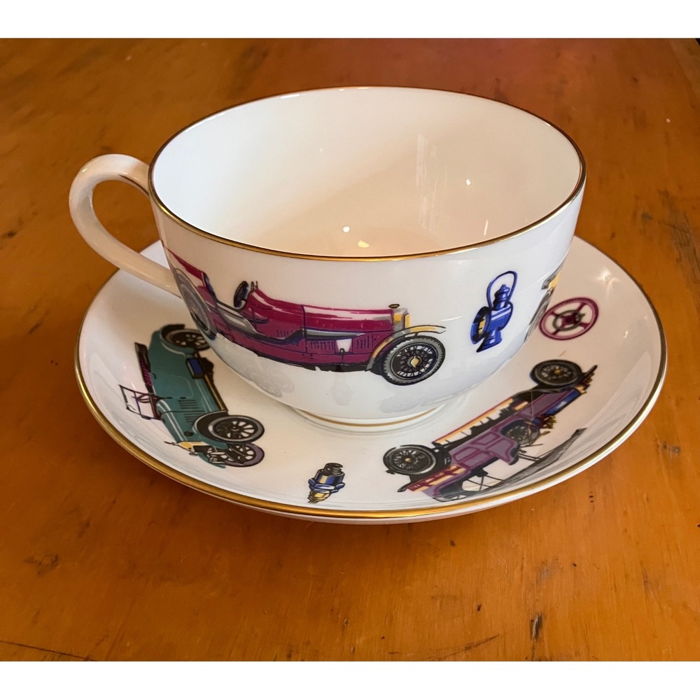 Royal Worcester Teacup Saucer Set White Vintage Veteran Cars Gold Trim